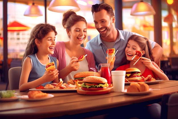 glückliche Familie genießt Fastfood im Restaurant generative ai