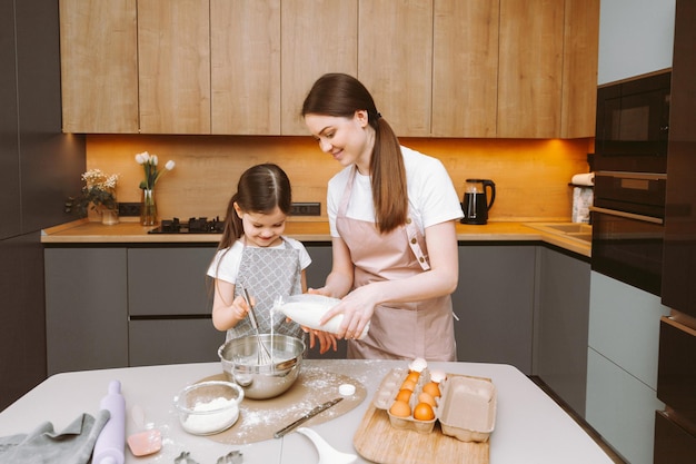 Glückliche Familie in der Küche Mutter und Tochter bereiten Teig zu, backen Kekse Osterkuchen