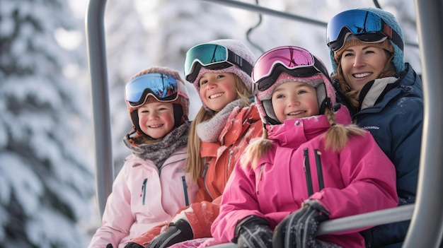 Glückliche Familie in der Seilbahn klettert zum Skigebiet Skiing Generative Ai