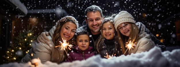 Foto glückliche familie lächelt im schneefall draußen