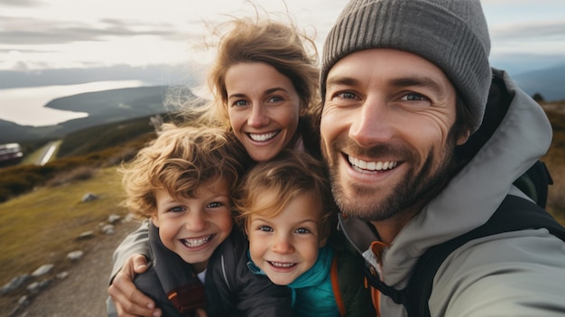 Glückliche Familie macht ein Selfie auf einer Reise. Erstellt mit generativer KI-Technologie