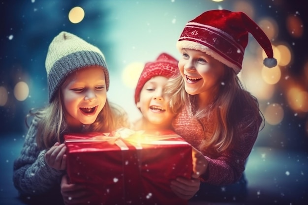 Foto glückliche familie mit frohen weihnachten magisches geschenk in der nähe des baumes am abend zu hause