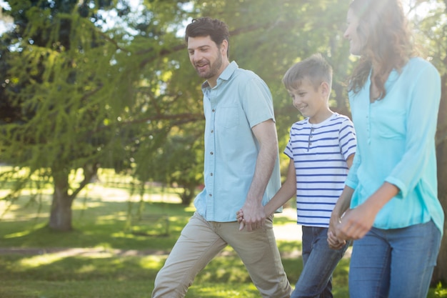 Glückliche Familie mit Hand in Hand, die im Park geht