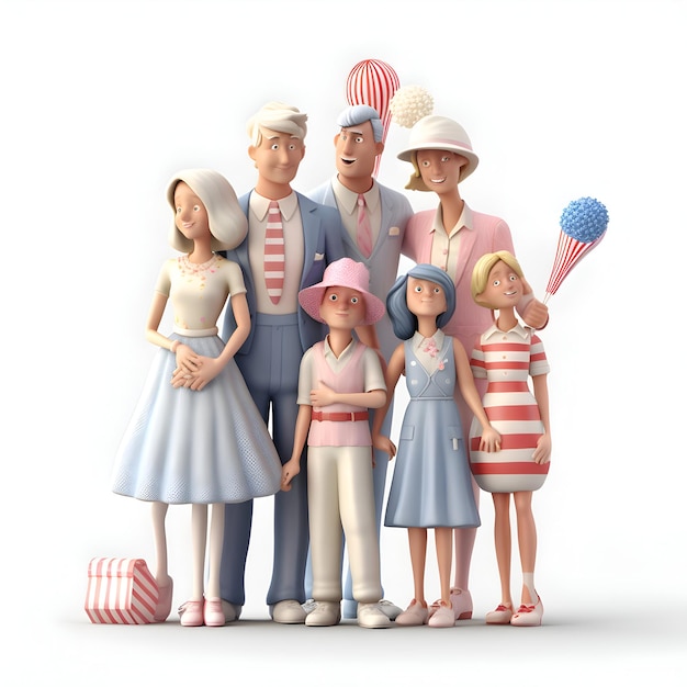 Glückliche Familie mit Kindern auf weißem Hintergrund. Isolierte 3D-Illustration