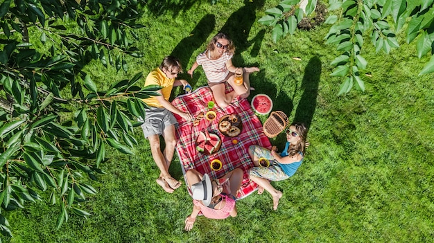 Glückliche Familie mit Kindern beim Picknick im Park Eltern mit Kindern, die auf Gartengras sitzen