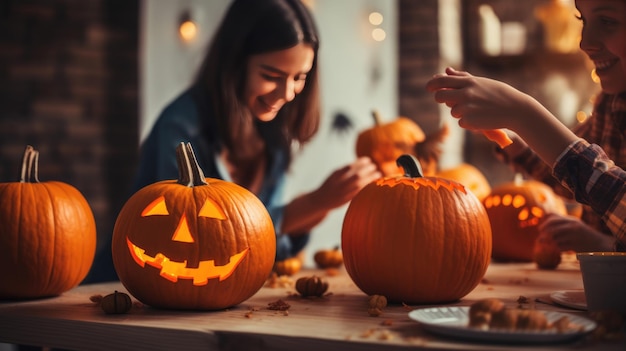 Glückliche Familie mit kleinen Kindern, die zu Hause Kürbisse für Halloween vorbereiten