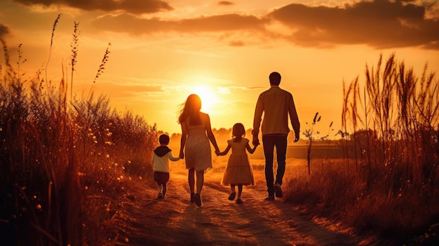 Glückliche Familie Mutter Vater Kinder Sohn und Tochter in der Natur bei Sonnenuntergang