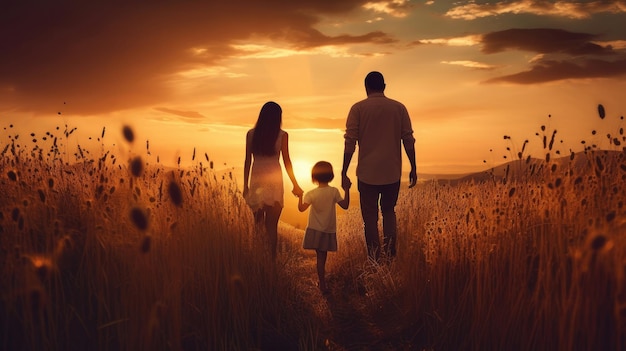 Glückliche Familie, Mutter, Vater und Kind, Tochter in der Natur bei Sonnenuntergang