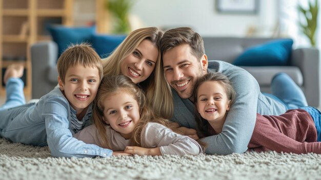 Glückliche Familie, Mutter, Vater und Kinder zu Hause auf dem Boden neben dem Sofa