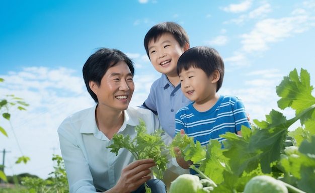 Glückliche Familie pflanzt Gemüse im Garten Vater Mutter und Kinder blauer Himmel