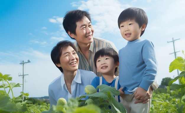 Glückliche Familie pflanzt Gemüse im Garten Vater Mutter und Kinder blauer Himmel