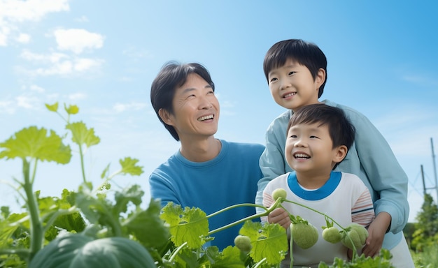 Glückliche Familie pflanzt Gemüse im Garten Vater Mutter und Kinder blauer Himmel