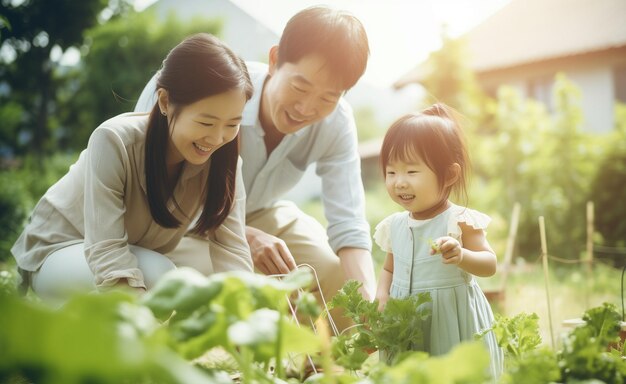 Glückliche Familie pflanzt Gemüse im Garten Vater Mutter und Kinder