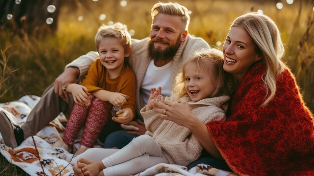 glückliche Familie und lächelnde Kinder und fröhlich