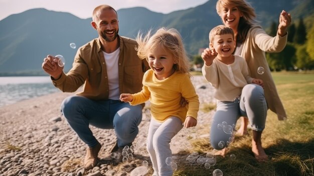 glückliche Familie und lächelnde Kinder und fröhlich