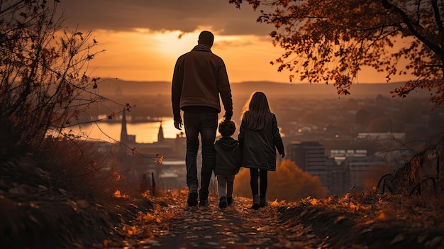 Glückliche Familie, Vater, Kinder, Sohn und Tochter stehen mit Blick auf den Sonnenuntergang im Hintergrund und die Natur