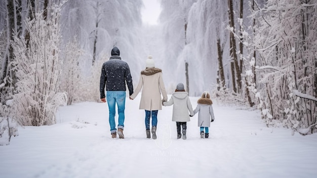 Glückliche Familie Vater Mutter und Kinder sind auf Winterspaziergang in der Natur schönheit