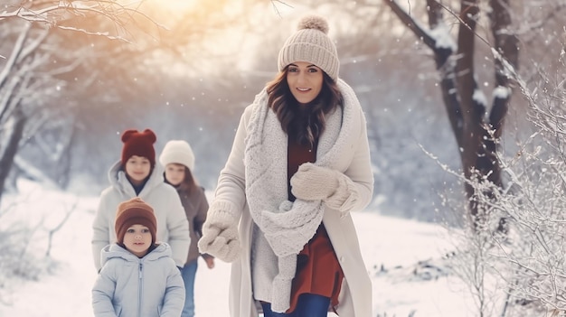 Glückliche Familienmutter und Kinder, die Spaß auf einem Winterspaziergang haben