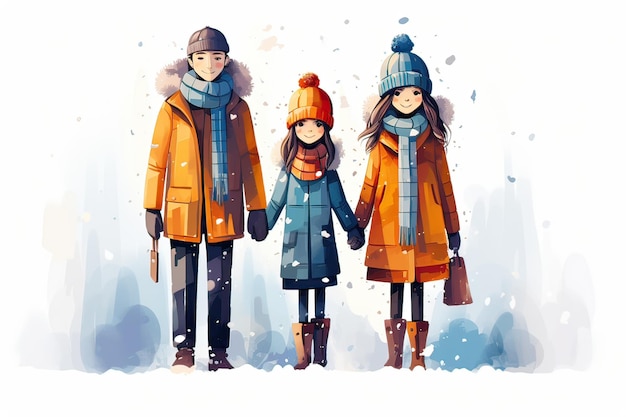 Glückliche Familienporträtillustration Wintersaison Flachbett-Design Generative KI