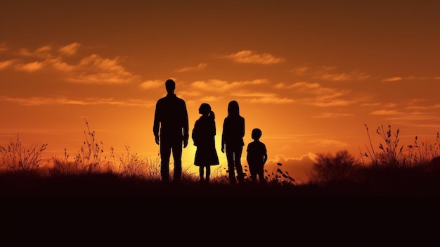 Glückliche Familiensilhouette, die vor Sonnenuntergang steht