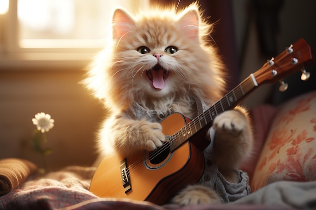 glückliche flauschige Katze spielt Akustikgitarre im Raum.