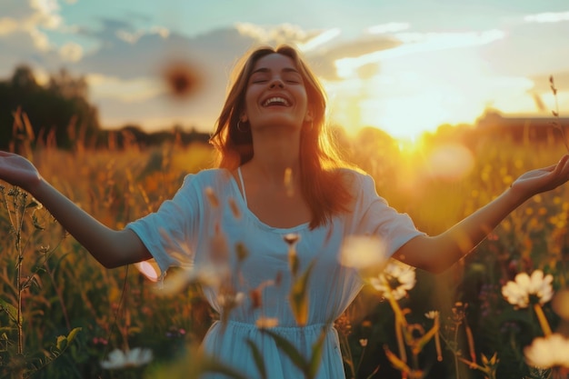 Glückliche Frau am Sonnenuntergang in der Natur im Sommer mit offenen Händen