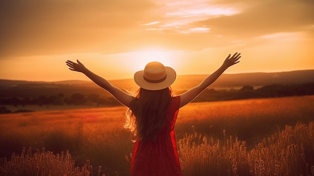 Glückliche Frau beim Sonnenuntergang in der Natur im Sommer mit offenen Händen