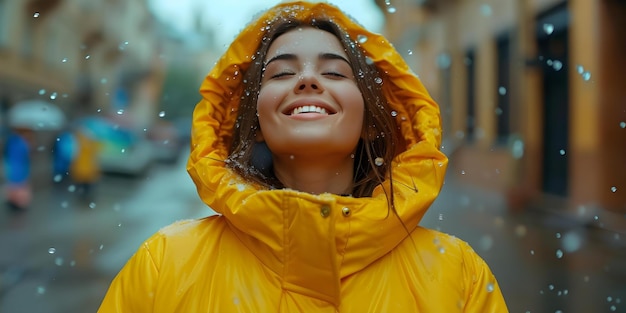 Glückliche Frau, die einen regnerischen Stadttag genießt, die Freude im Regen findet Konzept Outdoor-Fotoshoot Regnerischer Tag Fröhliche Porträts Stadtumgebung Glück inmitten des Regens