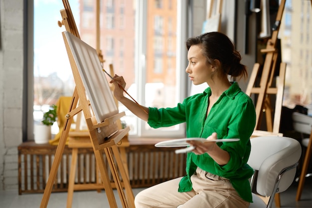 Glückliche Frau, die im Workshop während des Kunstunterrichts Pinsel auf Leinwand malt. Kreatives Freizeitgestaltungskonzept