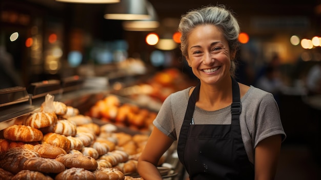 Glückliche Frau, die mit einem aufrichtigen Lächeln in einer Bäckerei arbeitet