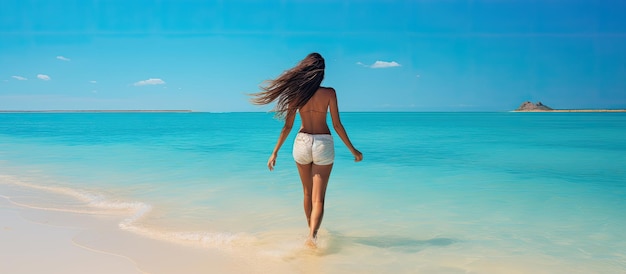 Foto glückliche frau, die während eines bikini-strandurlaubs zum ruhigen meerwasser rennt und ein gefühl von freiheit und glück ausstrahlt. dieses hochwertige foto zeigt a