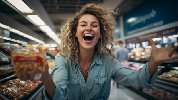 Foto glückliche frau hält lebensmittel im supermarkt