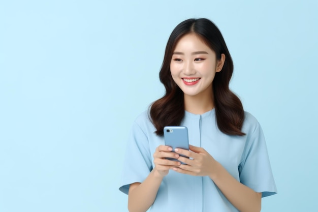 Glückliche Frau in blauem Hemd benutzt ein Smartphone, das Konnektivität und Technologie symbolisiert