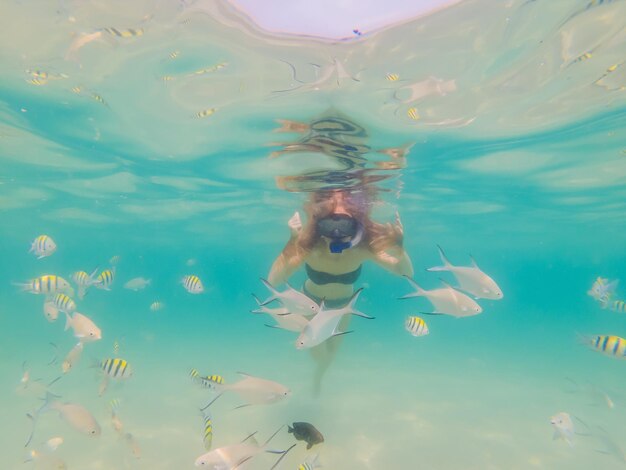 Glückliche Frau in Schnorchelmaske taucht unter Wasser mit tropischen Fischen im Korallenriff-Meerespool Reise-Lifestyle-Wassersport-Outdoor-Abenteuer-Schwimmunterricht im Sommerurlaub am Strand