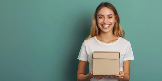 Foto glückliche frau in weißem t-shirt und jeans hält eine papierkiste generative ki