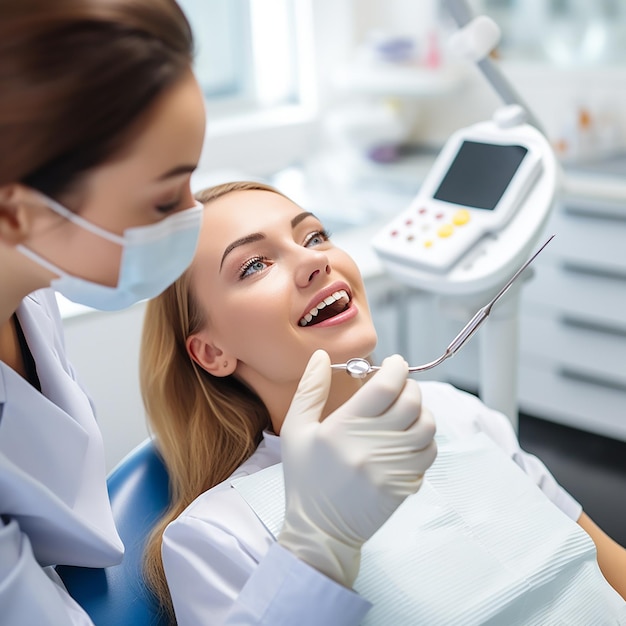 Glückliche Frau lässt sich beim Zahnarzt einer zahnärztlichen Untersuchung unterziehen. Zahnarzt nutzt zahnärztliche Ausrüstung zur Untersuchung
