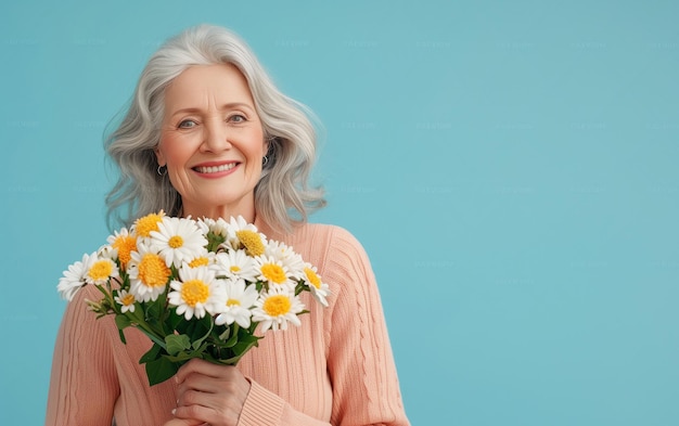 Glückliche Frau mit einem Blumenstrauß Tulpen auf blauem Hintergrund Kopierraum Muttertagskonzept