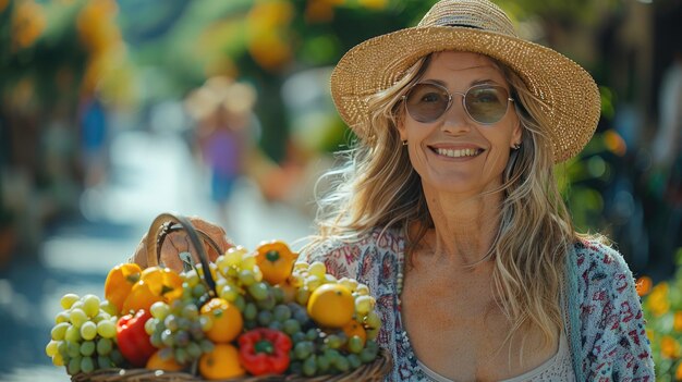 Glückliche Frau mit einem Korb mit frischen Früchten auf einem Farmer39s Markt