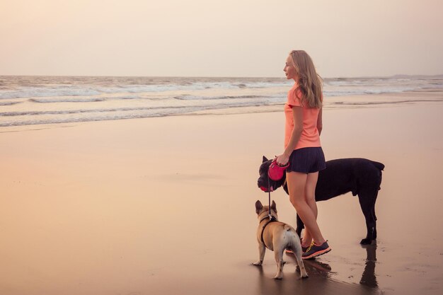 Glückliche Frau mit französischer Bulldogge und Cone Corso, die bei Sonnenuntergang am Strand von Indien Goa geht und spielt