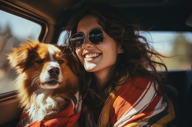 Glückliche Frau mit Hund Reisen Sommer mit dem Auto im Urlaub Generative KI