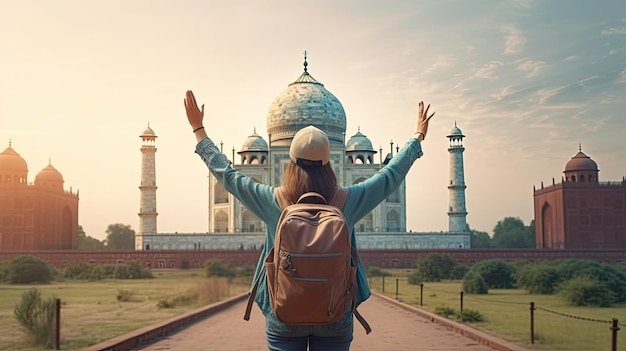 Glückliche Frau mit Hut und Rucksack hebt ihre Arme gegen den Hintergrund des Taj Mahal