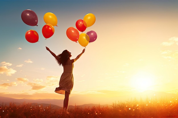 Glückliche Frau mit Luftballons bei Sonnenuntergang im Sommer, die einen hellen Moment in einer wunderschönen Landschaft einfängt