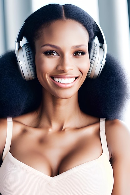Glückliche Frau mit modernem Kopfhörer Generative Künstliche Intelligenz