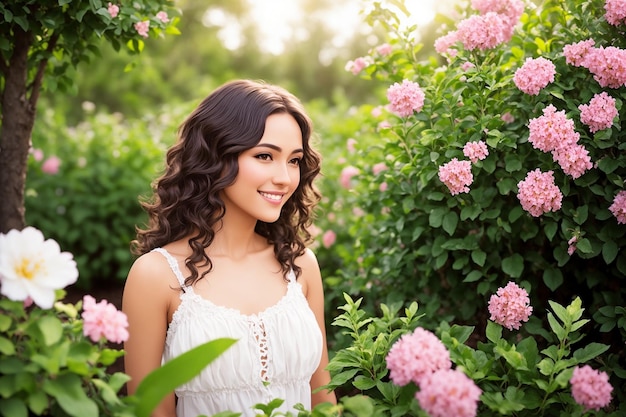 Glückliche Frau mit schönem Haar auf dem Hintergrund eines blühenden Gartens Generative KI