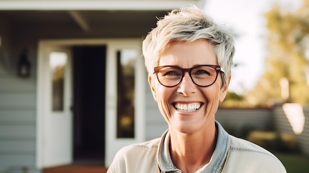 Glückliche Frau mittleren Alters steht vor ihrem neuen Zuhause, erstellt mit generativer KI-Technologie