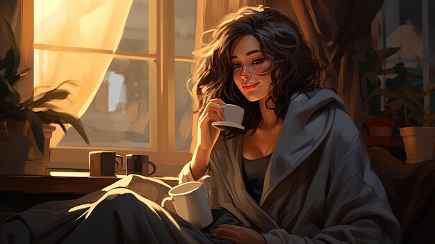 glückliche Frau sitzt auf dem Sofa, bedeckt mit einer grauen Decke mit einer Tasse Kaffee