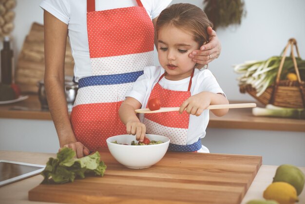 Glückliche Frau und ihre Tochter machen gesunde vegane Salate und Snacks für Familienfeiern Weihnachten Neujahr Thanksgiving Jahrestag Muttertag Gesundes Essen Kochkonzept