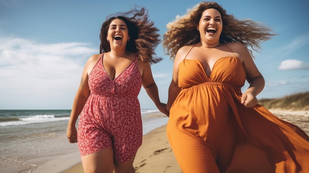 Glückliche Frauen in Übergröße, die in den Sommerferien Spaß am Strandspaziergang haben. Konzept für übergewichtige Menschen
