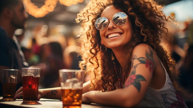 glückliche Frauen in einer Kneipe, die Bier trinken