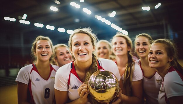 Foto glückliche frauen in volleyballkleidung posieren auf dem volleyballfeld. der kapitän hält eine trophäe in der hand